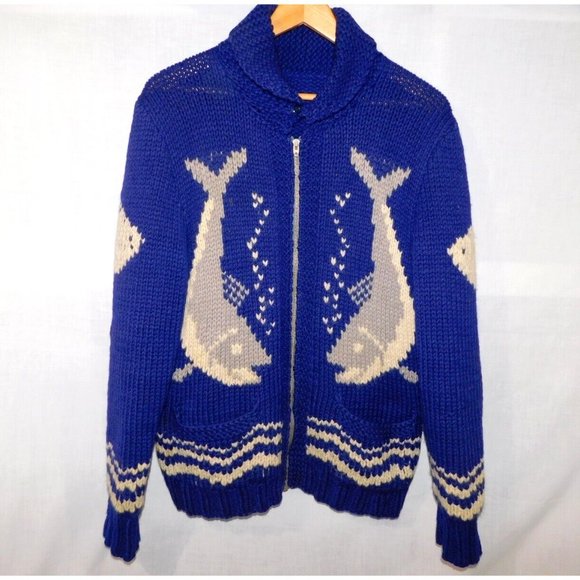 Unbranded Other - Vintage 50s 60s Cowichan cardigan Blue Whale Fish Wool Full Zip Sweater Jacket M